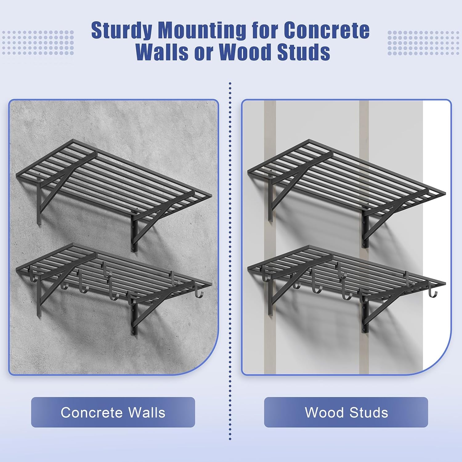 2-Pack 2x4ft Garage Shelving Wall Mounted, 2' x 4' Heavy Duty Garage Storage Shelves with Hooks