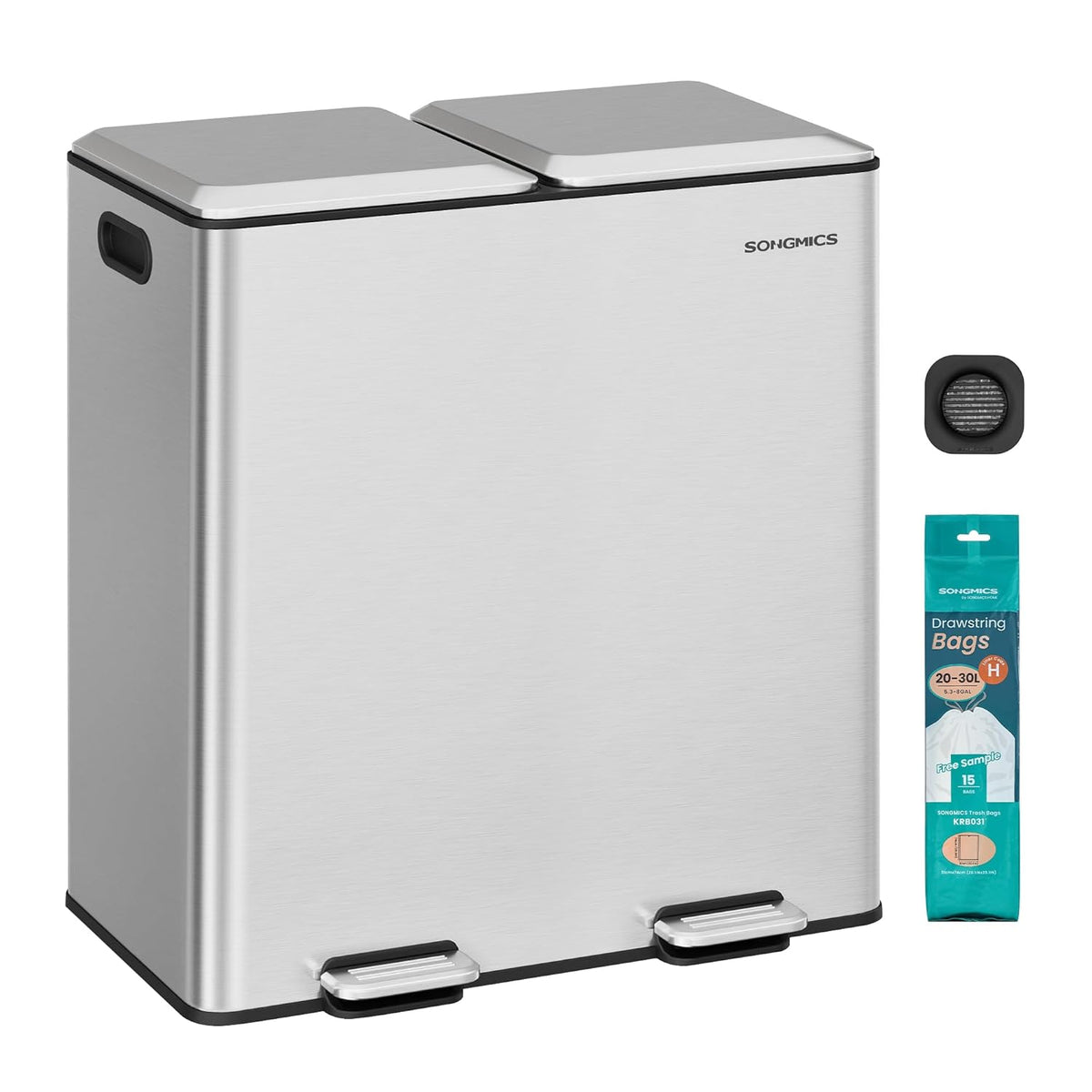SONGMICS Trash Can, 2 x 8 Gallon (2 x 30 L) Double Garbage Can with Soft-Close Lids, Removable