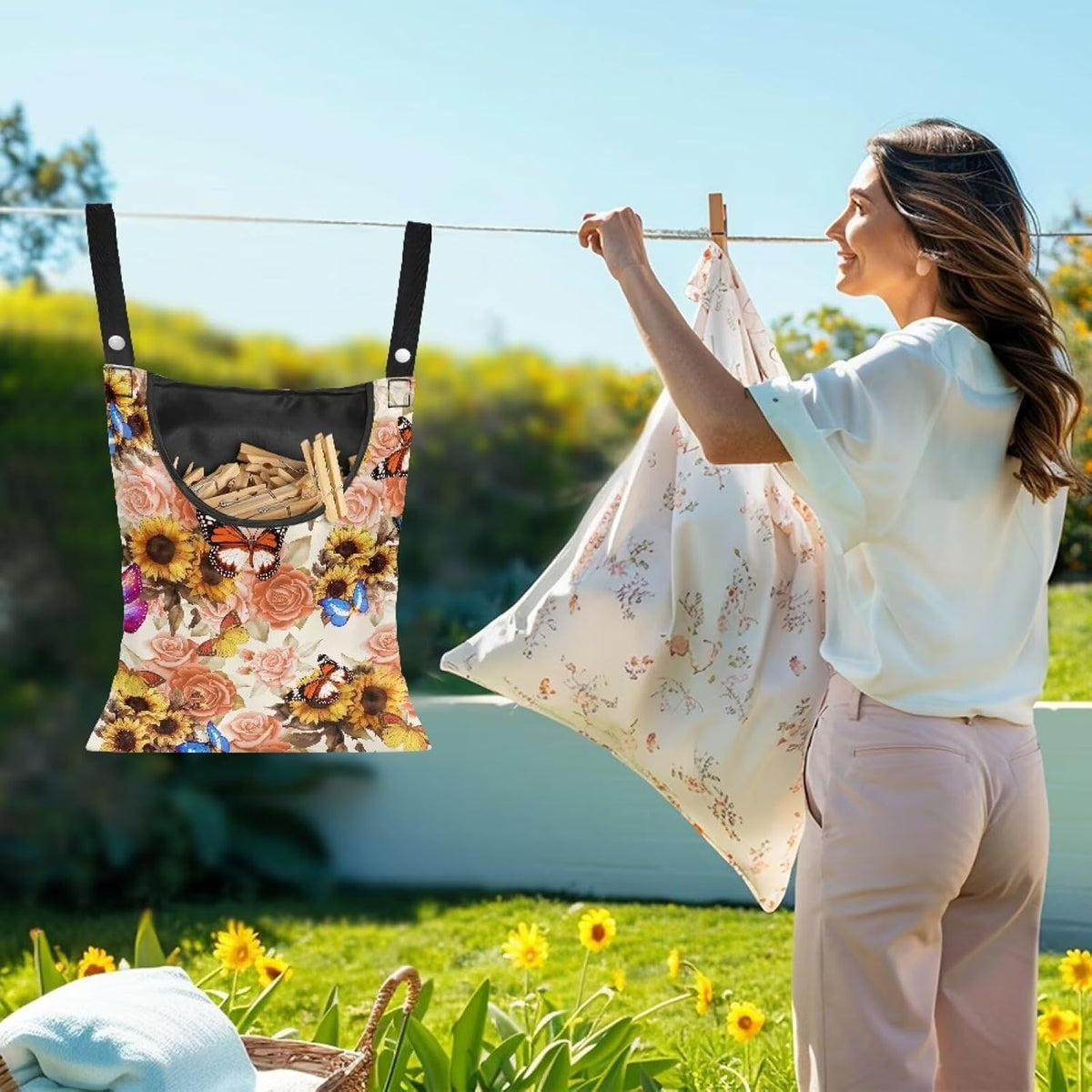Butterfly Clothespin Bag with Hanging Sunflowers Rose Hook Waterproof Clothes Pin Hanging Bag