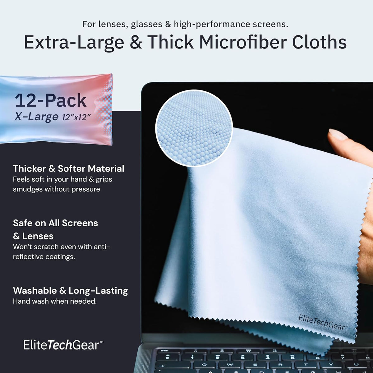 Elite Screens Microfiber Cleaning Cloth - Pack of 12, 12" x 12", Blue - Streak-Free Vision &