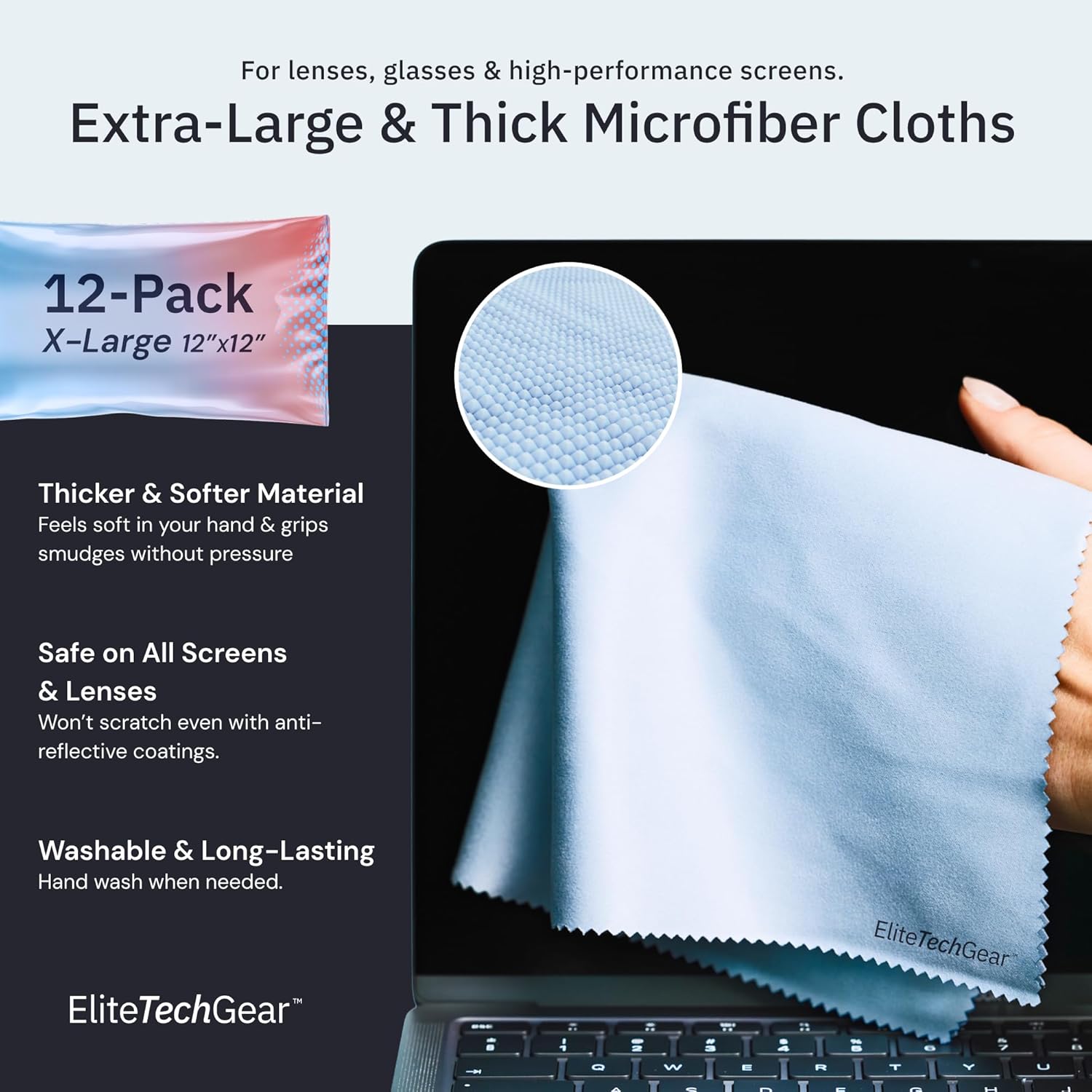 Elite Screens Microfiber Cleaning Cloth - Pack of 12, 12" x 12", Blue - Streak-Free Vision &