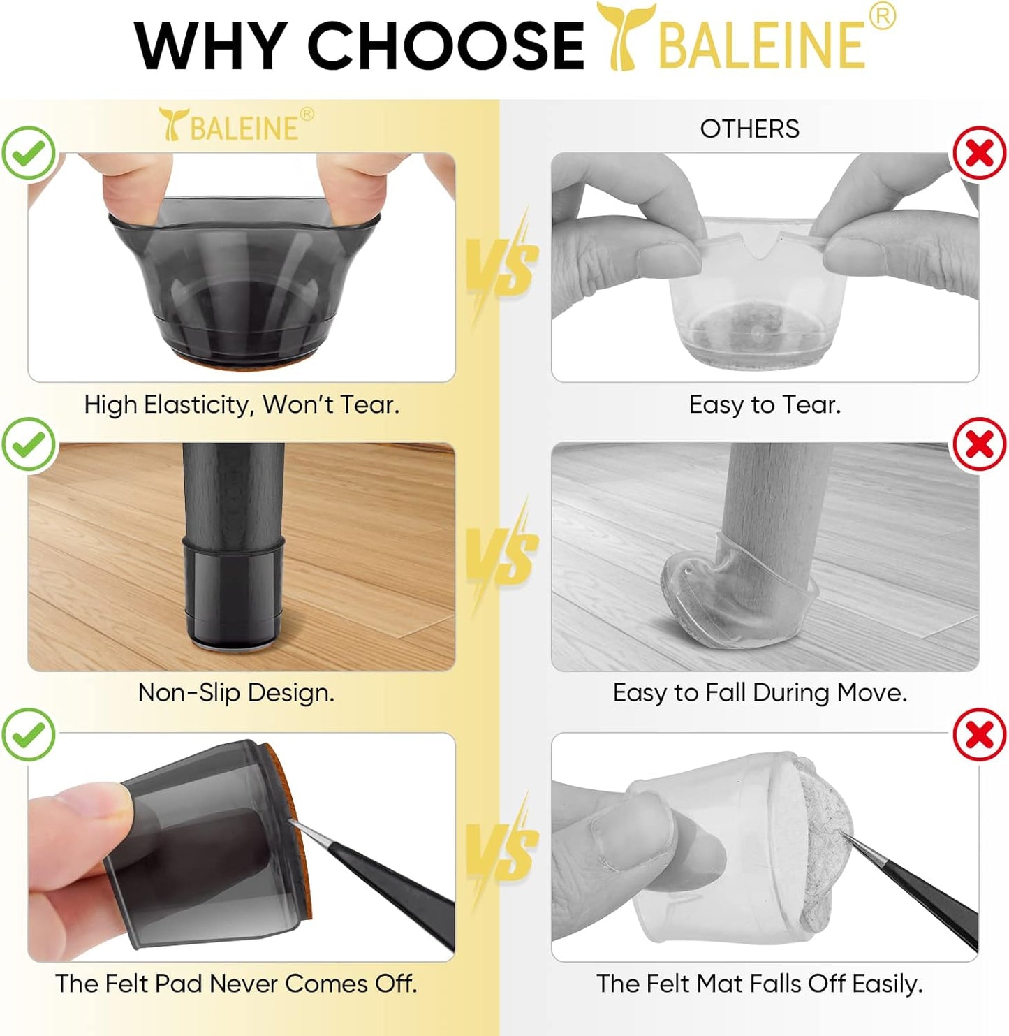 BALEINE 16 Pack Silicone Chair Leg Floor Protectors, Stool Leg Protectors Cap, Non-Slip Chair Leg
