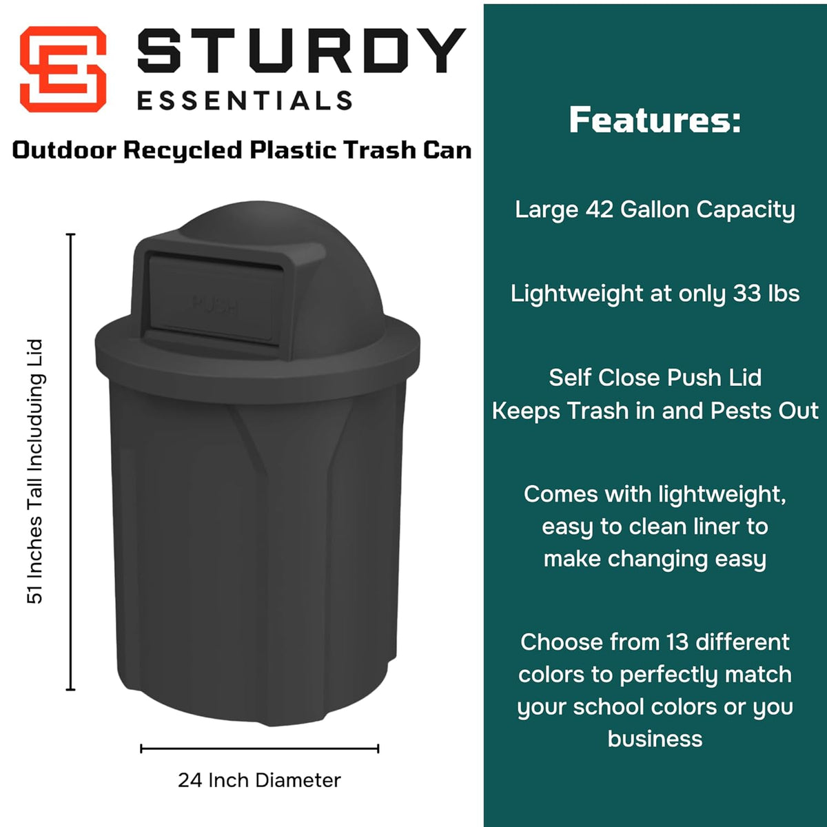 42 Gallon Circle 100% Recycled Plastic Heavy Duty Indoor or Outdoor Commercial Trash Can with Push