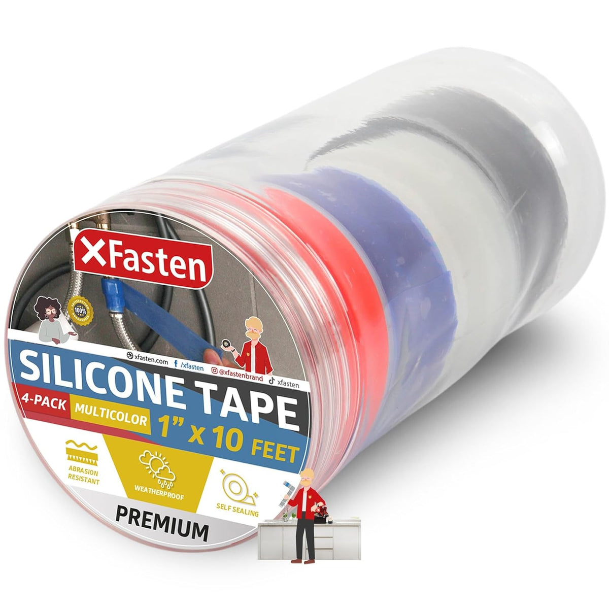 XFasten Self Fusing Silicone Tape Waterproof Multicolor – 1" x 10 Feet 4-Pack, Self Amalgamating