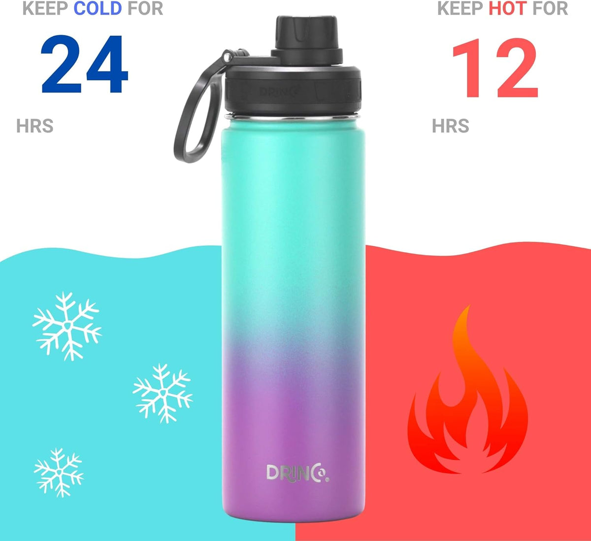 DRINCO Stainless Steel Water Bottle Spout Lid Vacuum Insulated Double Wall Water Bottle Wide Mouth
