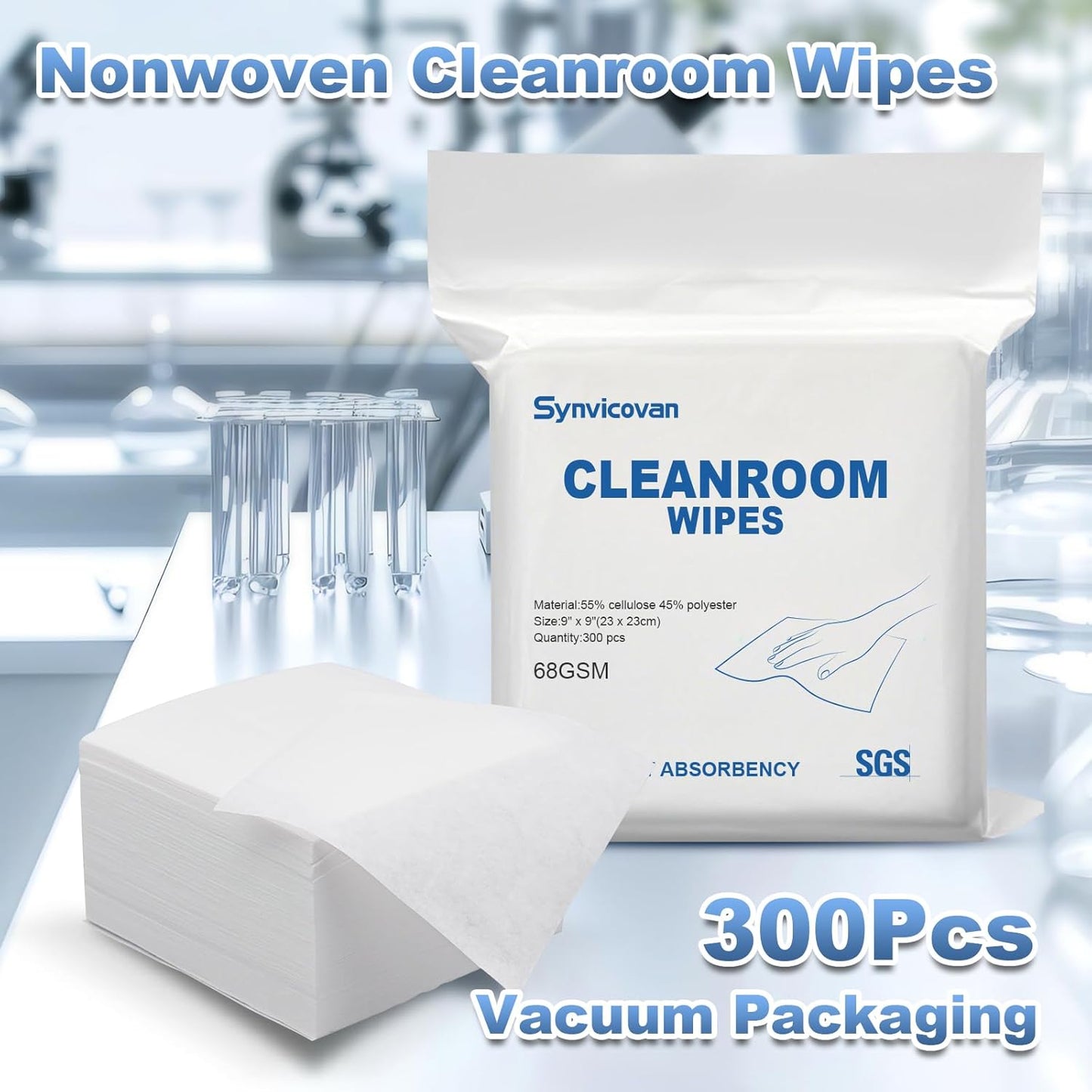Cleanroom Wipes 9"x9" (300 Pcs, Cellulose/Polyester Blend, Grade A, 68GSM) Lint Free Wipes for