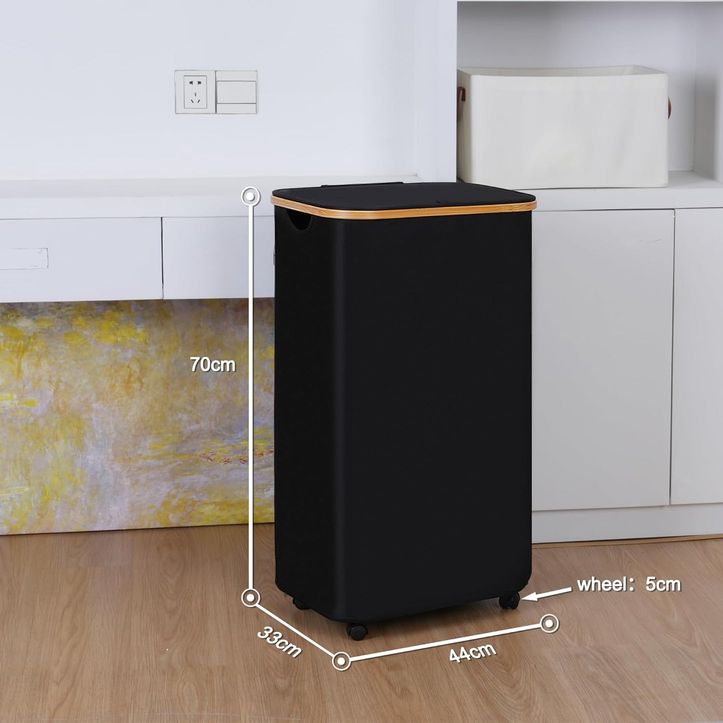 Laundry Basket with Wheels,100L Hampers for Laundry,Black Large Laundry Hamper with Lid and Bamboo