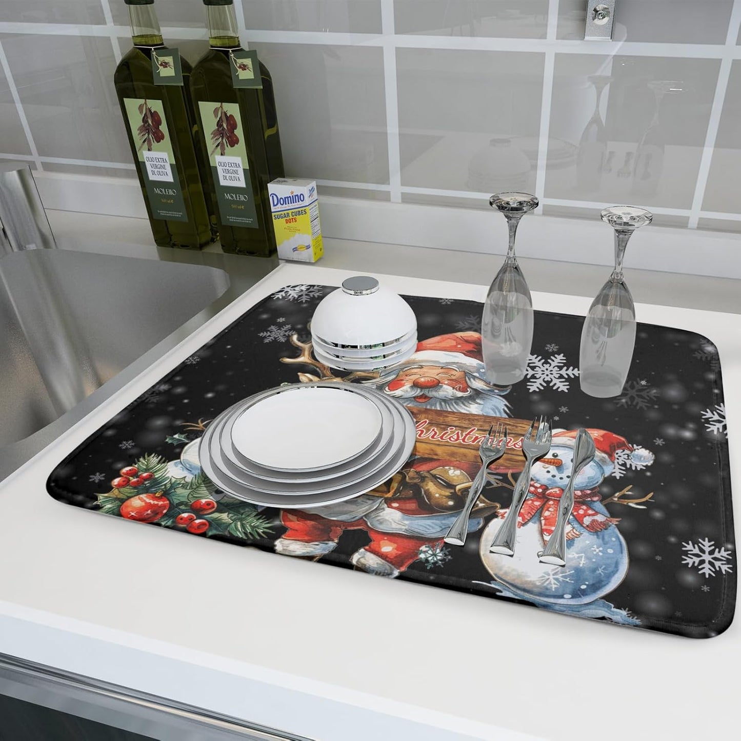 Christmas Santa Snowman Dish Drying Mats for Kitchen Counter 16"x18" Merry Christmas Santa Claus