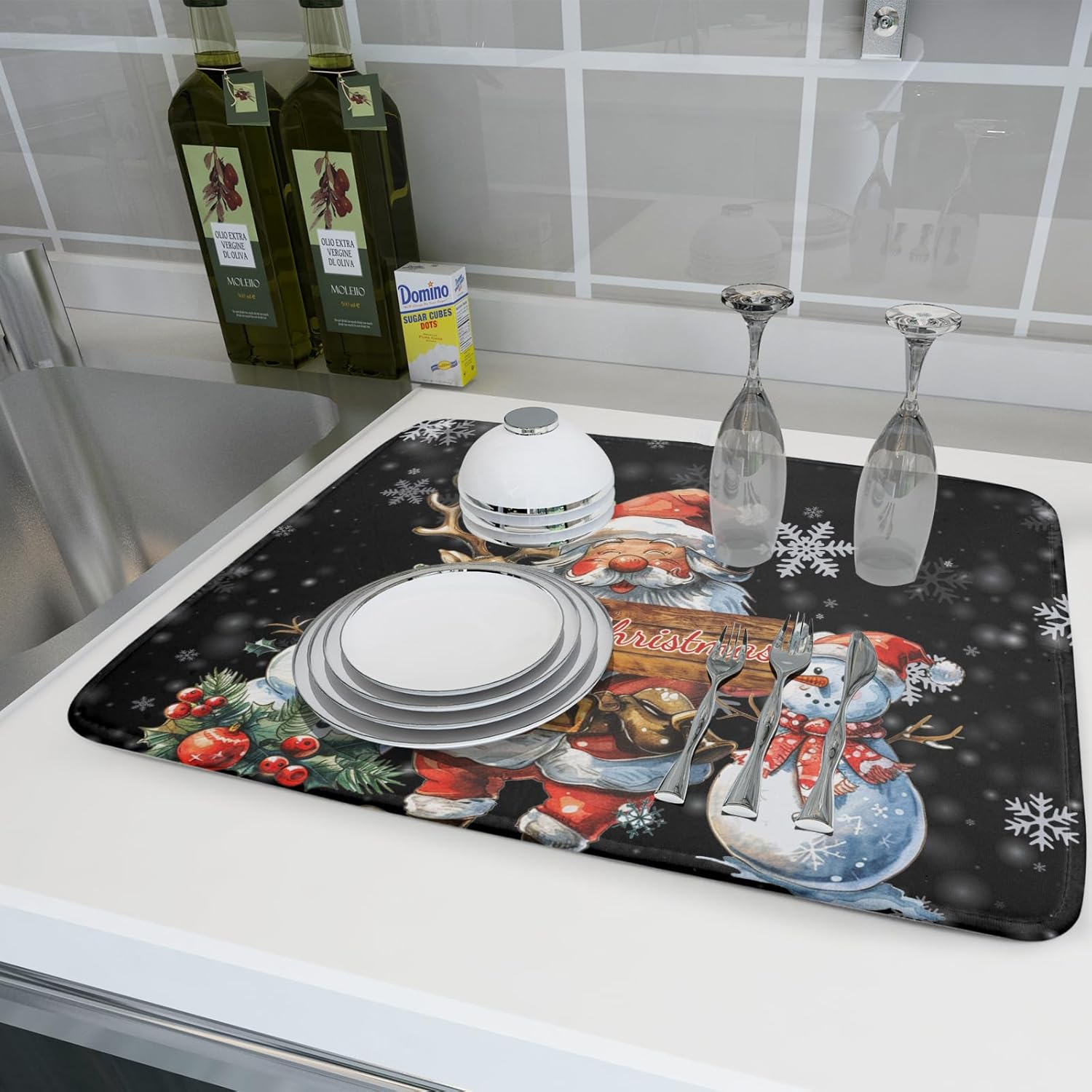 Christmas Santa Snowman Dish Drying Mats for Kitchen Counter 16"x18" Merry Christmas Santa Claus