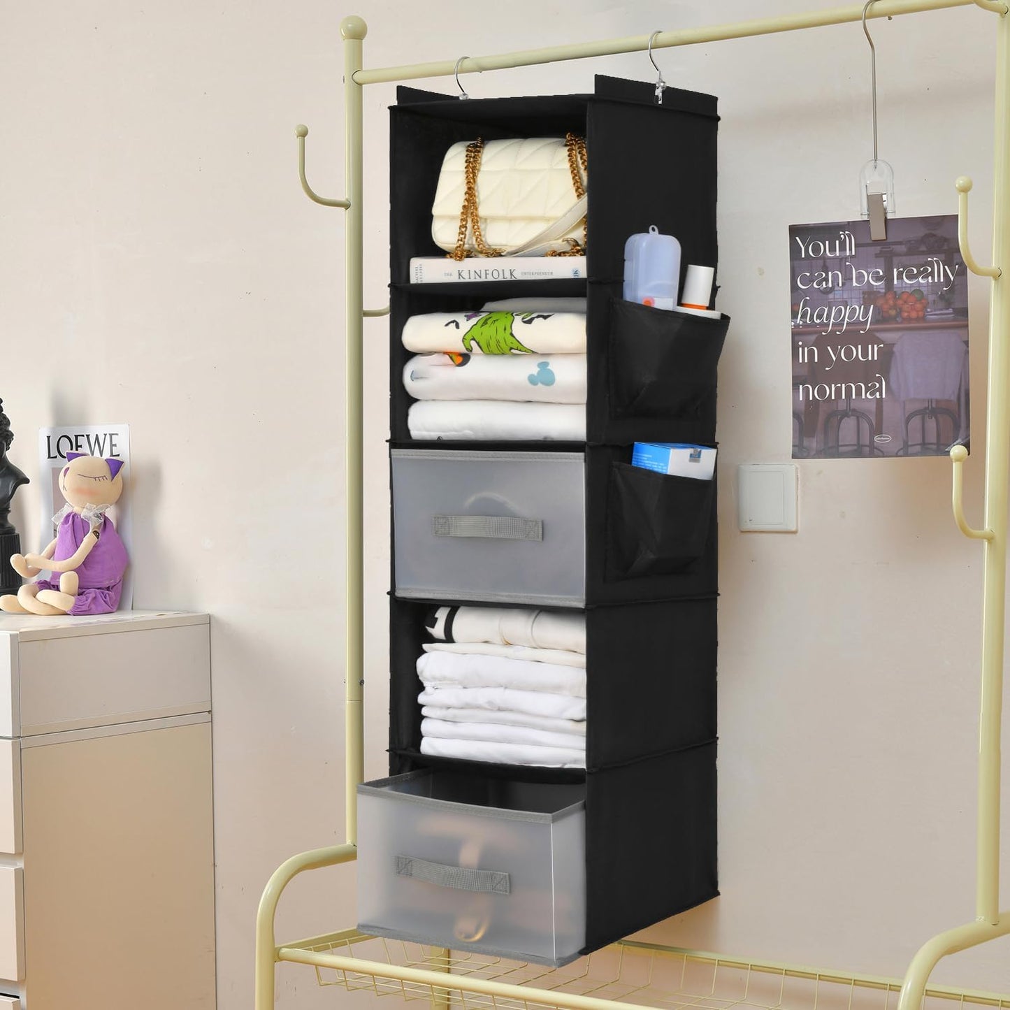 5-Layer Suspended Fabric Shelf Organizer, Equipped with 2 Sturdy Hooks, 2 Separate Drawers, and