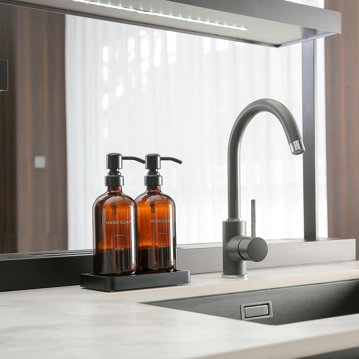 Amber Soap Dispenser Set, Soap Dispenser for Kitchen Sink with Black Stainless Steel Pump, Perfect