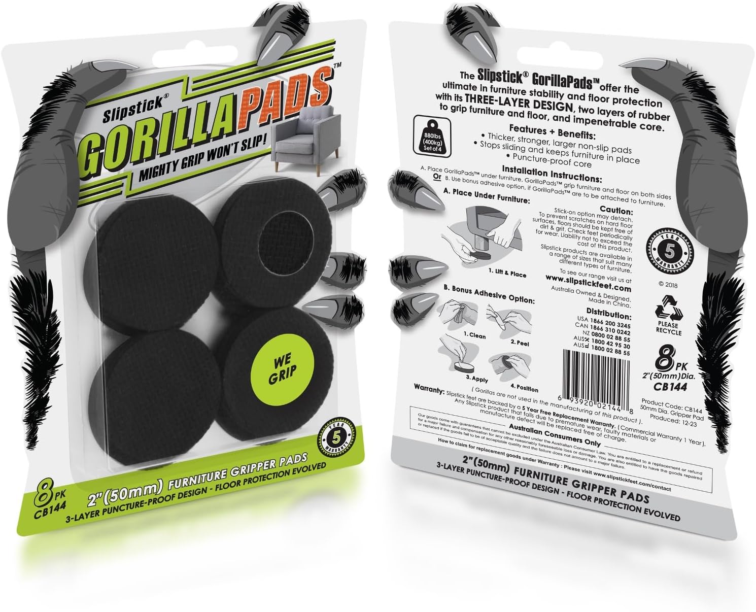 Slipstick GorillaPads CB144 Non Slip Furniture Pads/Grippers (Set of 8) Furniture Feet Floor