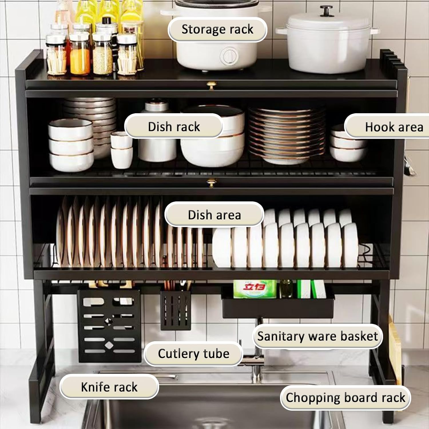 Dish Drying Rack 4 Tiers with Cover, Keep Kitchen Sink Shlef Organized Space-Saving Dish Drying