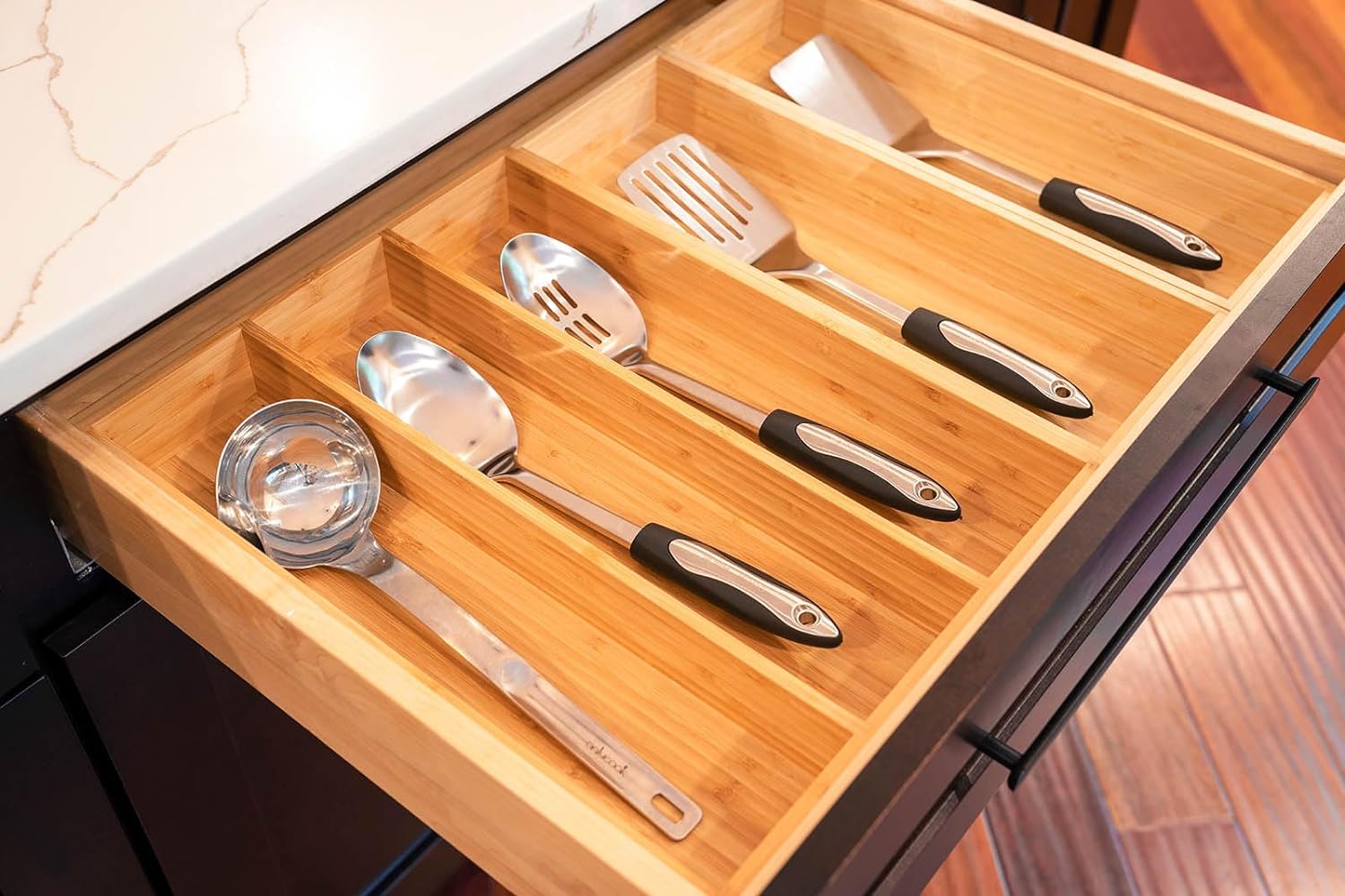 Umilife Bamboo Kitchen Utensils Organizer, 13 Inch Drawer Dividers for Silverware, Extra Deep