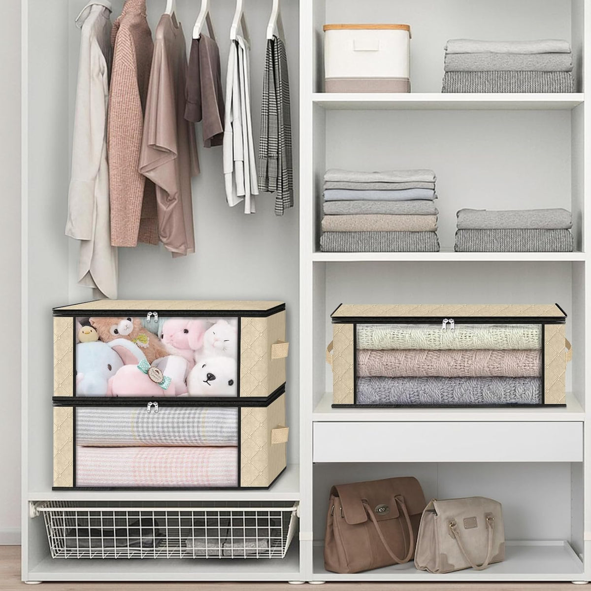 HomeHacks Storage 4-Pack Clothes Organizer Storage Bags Foldable Storage Box with Large Clear
