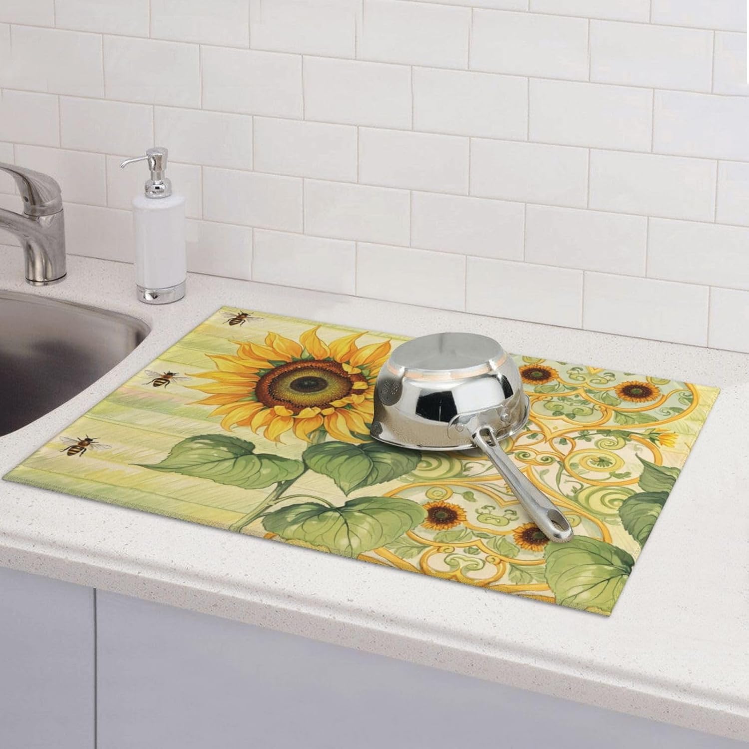 Sunflower Bee Dish Drying Mat Highly Absorbent Double-Sided Microfiber with Hanging Loop Reversible