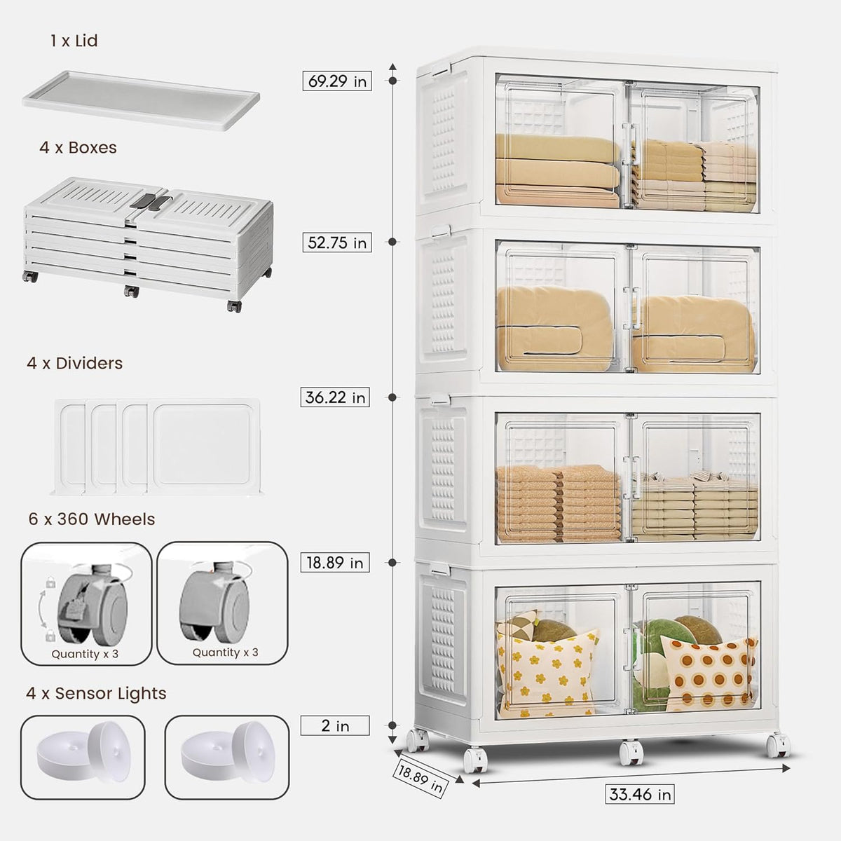 752QT/188Gal 4 Stackable Storage Bins with Lid and 8 doors, Motion Sensor Lights in Cabinets, Large