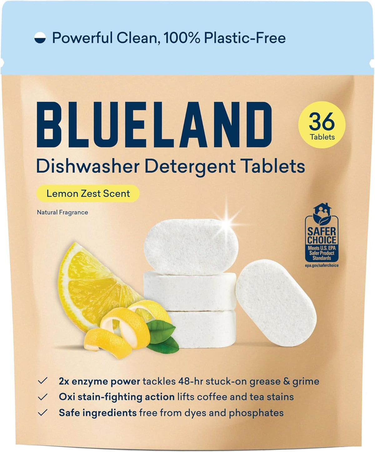 BLUELAND 100% Plastic-Free Dishwasher Detergent Tablets, 36 Count, Lemon Zest Scent, Eco Friendly