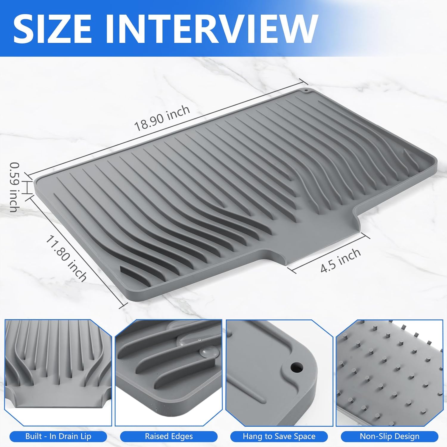 Silicone Dish Drying Mat for Kitchen Counter, Dish Drainer Mat, Non-Slip Drying Pad with Built-in