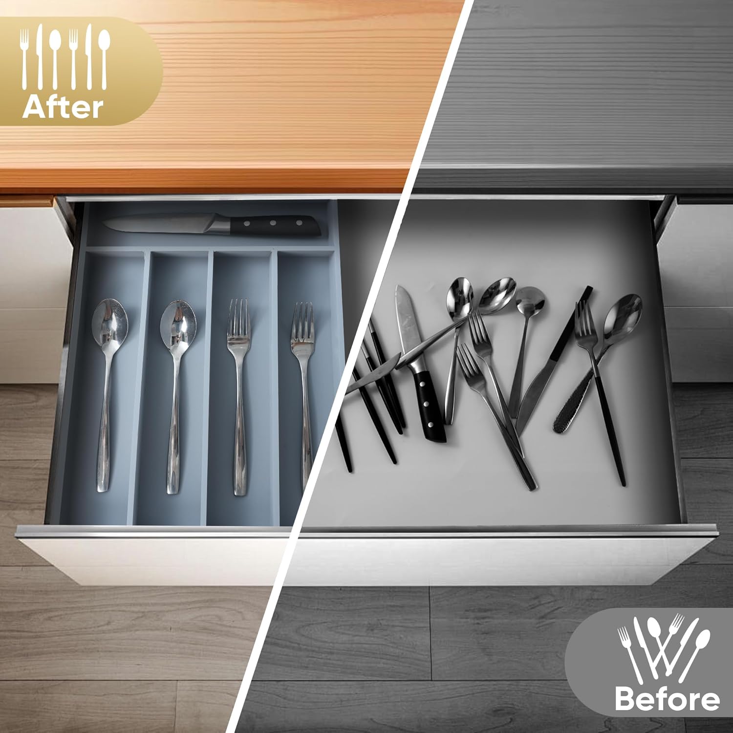 Silverware Organizer, 10 Inch Utensil Organizer Kitchen Drawer Organizer Bamboo Silverware Holder