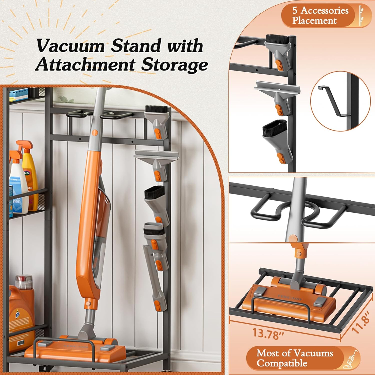 Broom Holder with Cleaning Supplies Organizer, Broom Closet Storage Cabinet with Cleaning Caddy