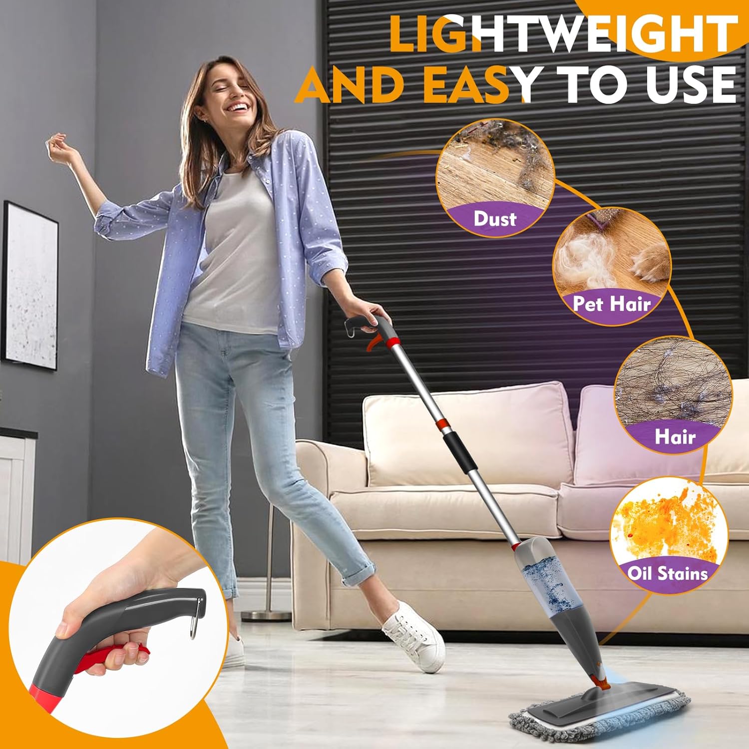 Spray Mop for Floor Cleaning with Washable Pads, Microfiber Wet Mops with 800 ml Refillable