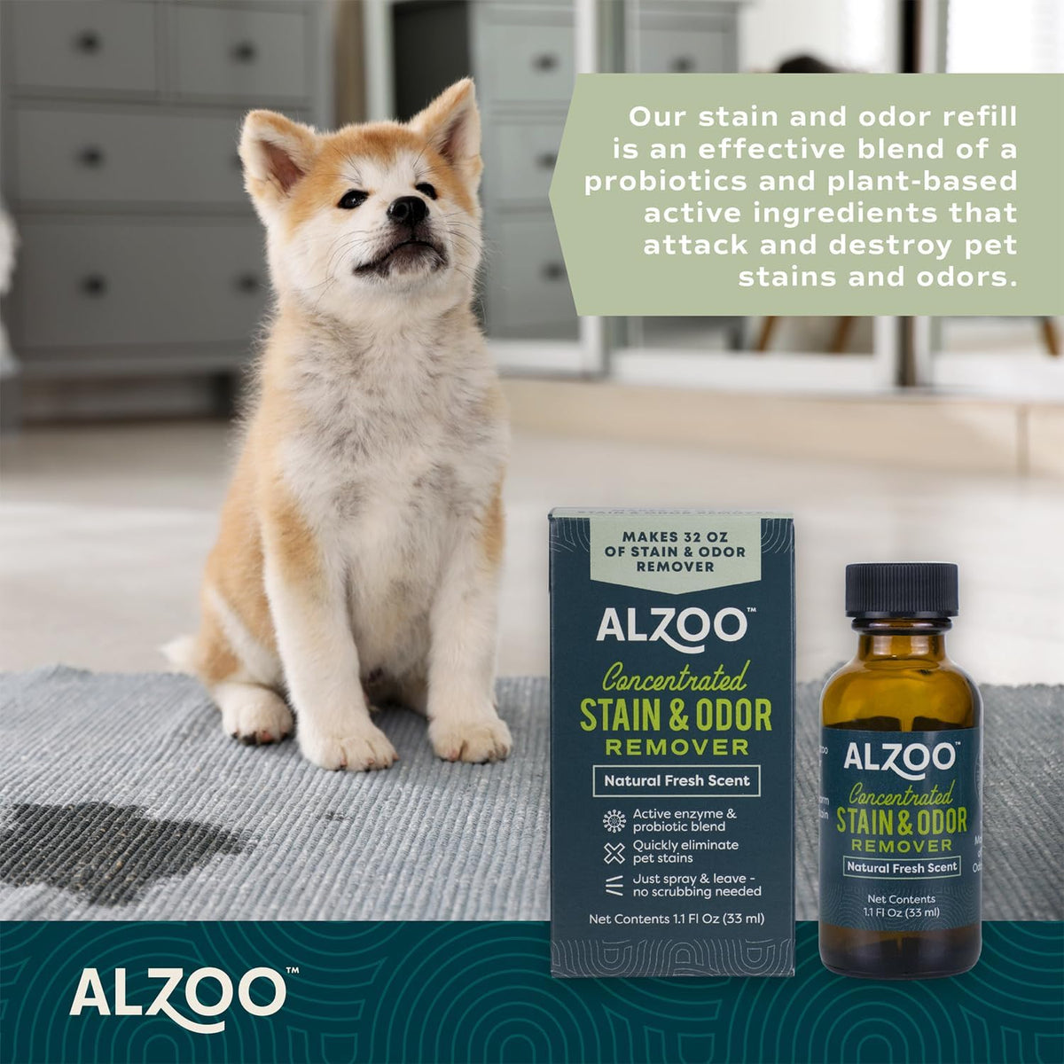 ALZOO Concentrated Stain & Odor Remover Refill Bottle, 100% Plant-Based Active Ingredients, 1.1 Fl.