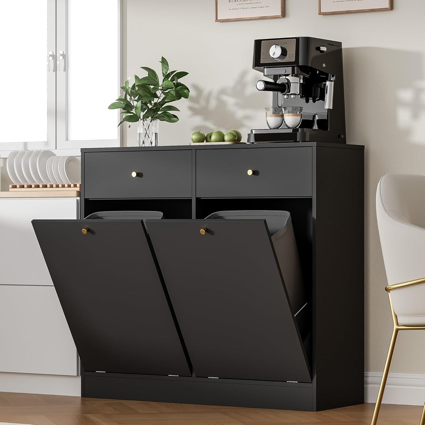 Double Tilt Out Trash Can Cabinet, Trash Storage Cabinet with 2 Drawers, Hidden Garbage Bin, Free