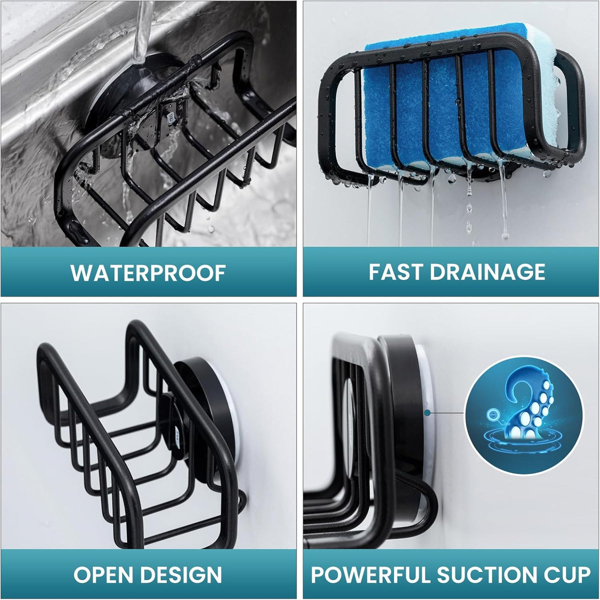 TAILI Sponge Holder for Kitchen Sink with Strong Suction Cup, Rustproof Aluminum Sink Caddy