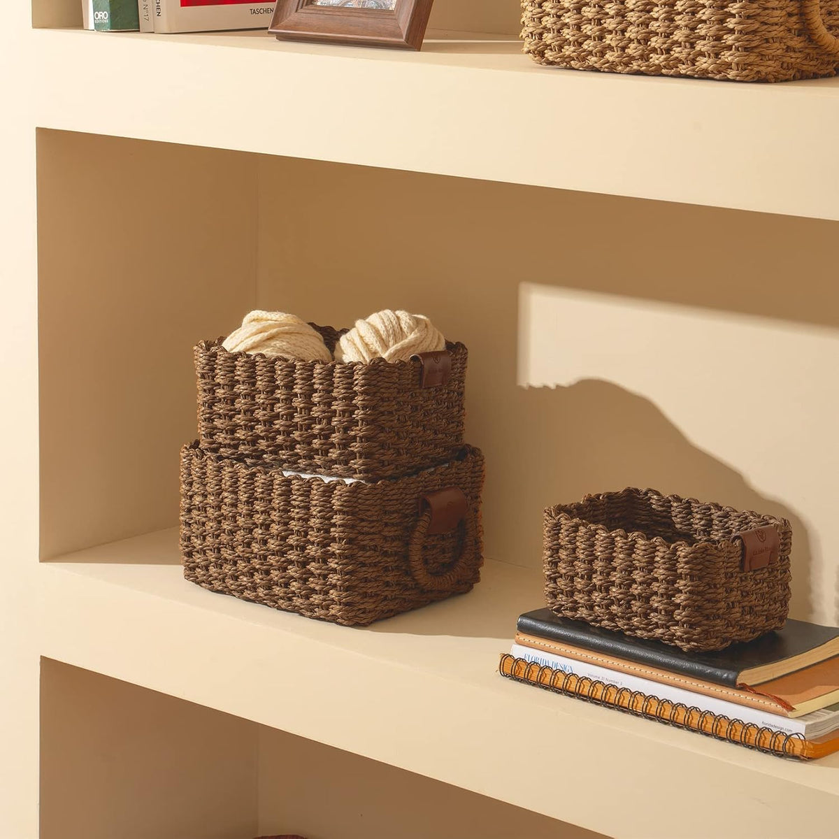LA JOLIE MUSE Woven Storage Baskets, Recycled Paper Rope Bin Organizer Divider for Cupboards Drawer