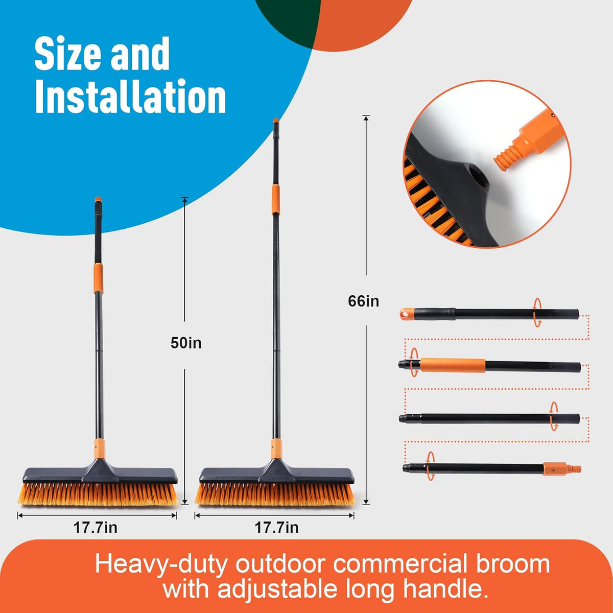 18" Push Broom Outdoor for Floor Cleaning with Extendable Long Handle, Stiff Bristle Heavy Duty