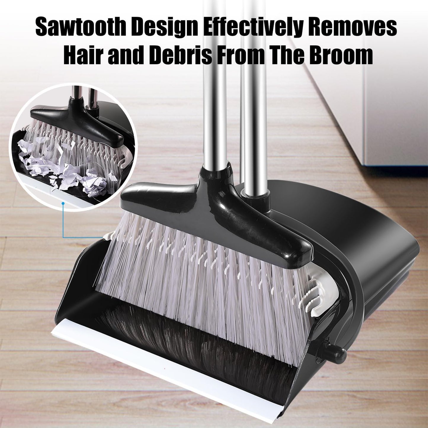 Broom and Dustpan Set with Long Handle and 6 Bonus Cleaning Tools, Upright Standing Combo with