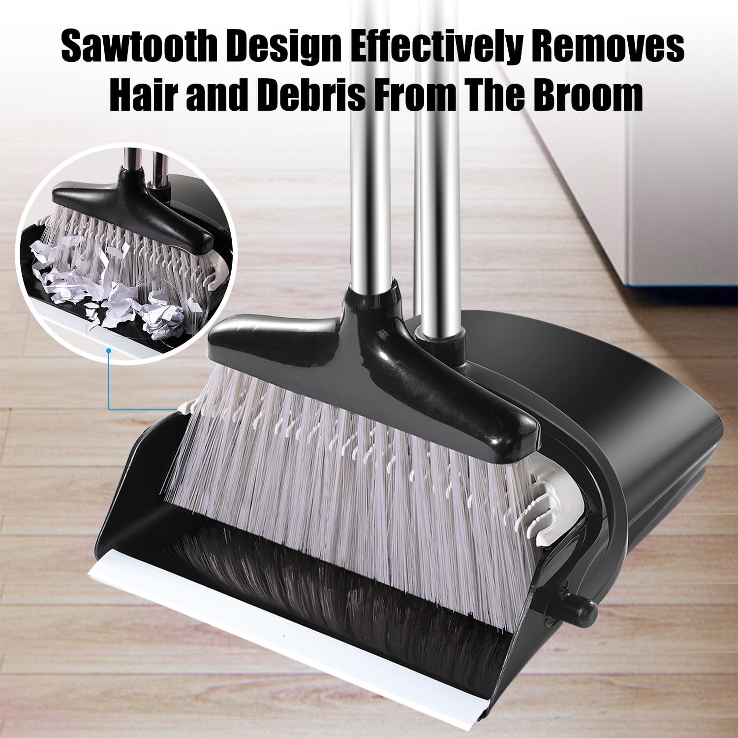 Broom and Dustpan Set with Long Handle and 6 Bonus Cleaning Tools, Upright Standing Combo with