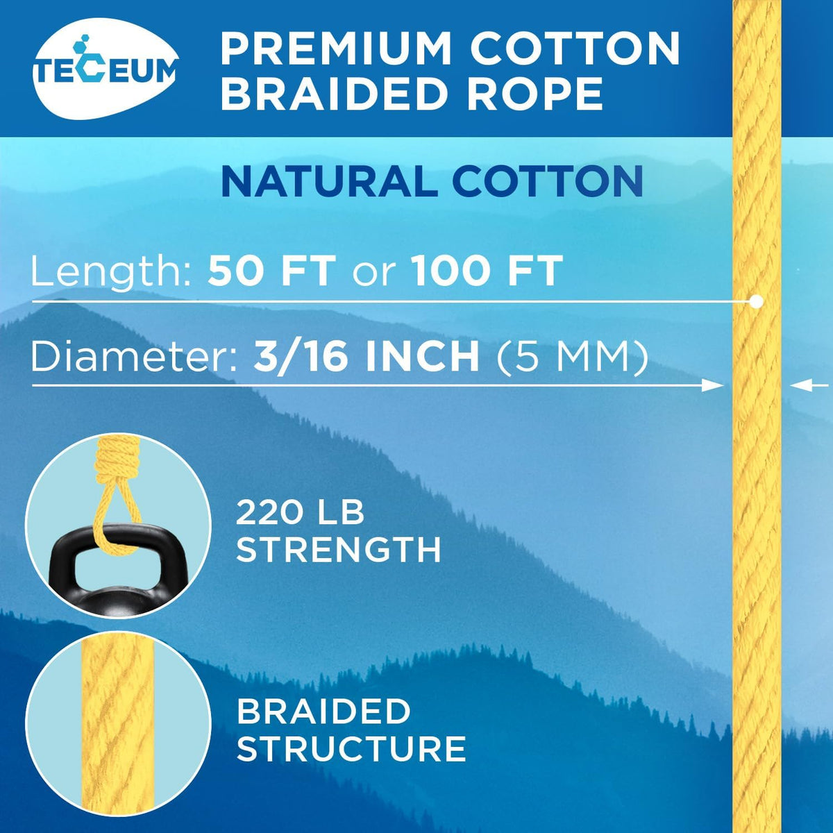 TECEUM Cotton Rope 3/16” (5 mm) – 50 FT – Strong All-Purpose Braided Rope – Natural Cotton – for
