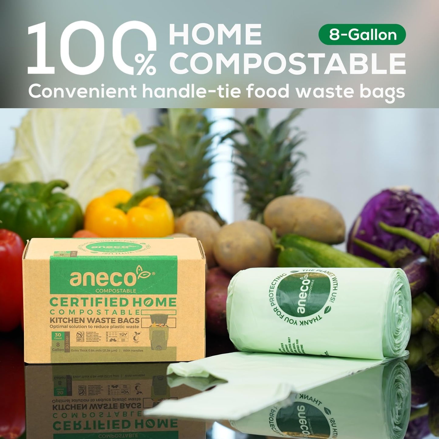 ANECO 8 Gallon Compostable Kitchen Food Waste Bags with Handles (30 Count), Leak-proof Compost Bags