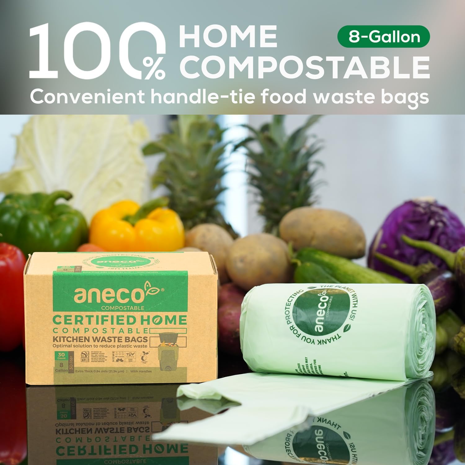 ANECO 8 Gallon Compostable Kitchen Food Waste Bags with Handles (30 Count), Leak-proof Compost Bags