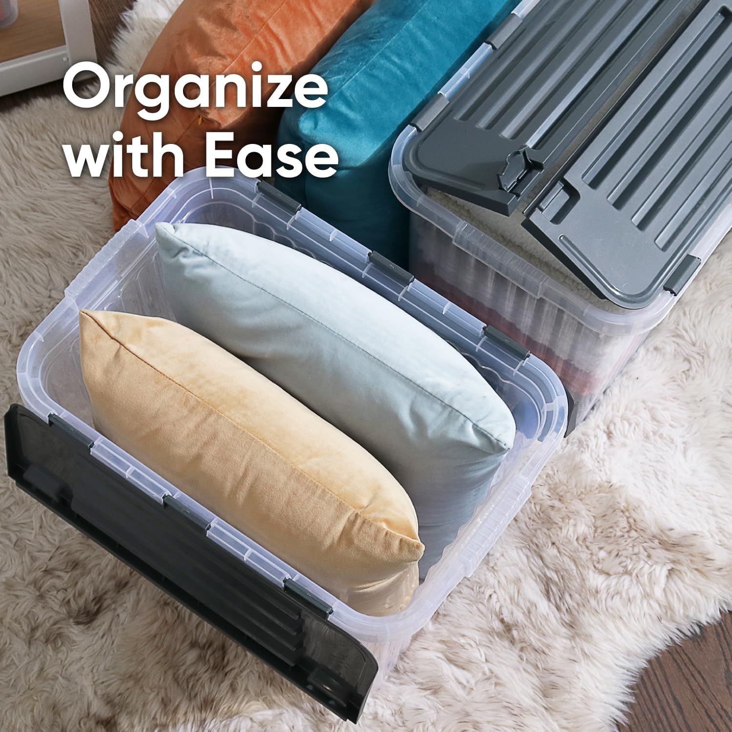 Superio Clear Storage Boxes with Attached Lids, Plastic Container Bins with Hinged Lids for