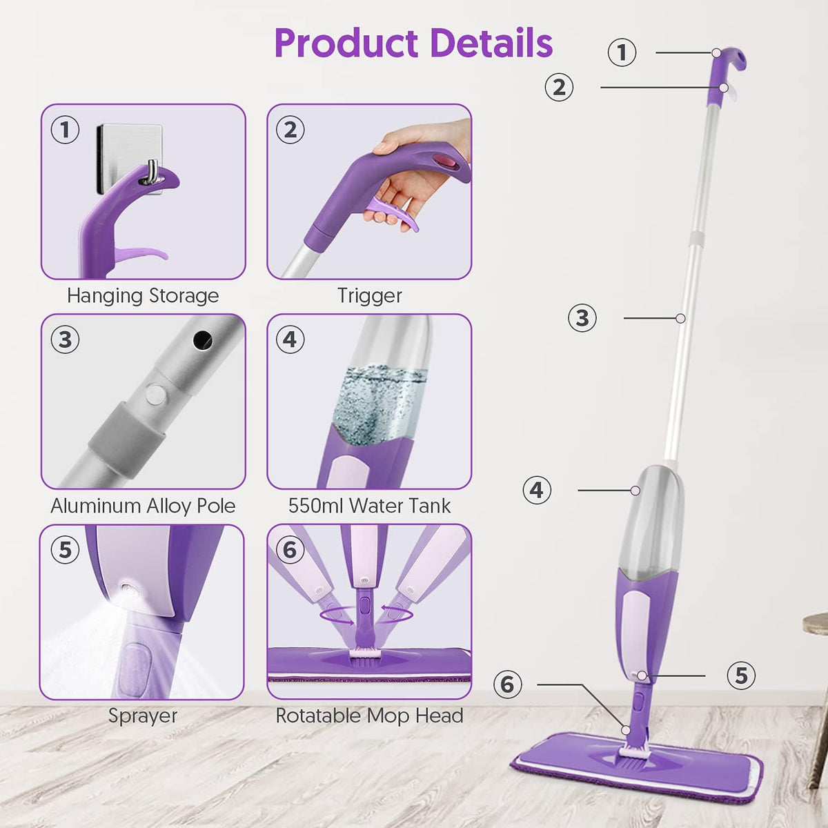 Spray Mop for Floor Cleaning - SEVENMAX Microfiber Floor Mop with 550ML Refillable Bottle 3