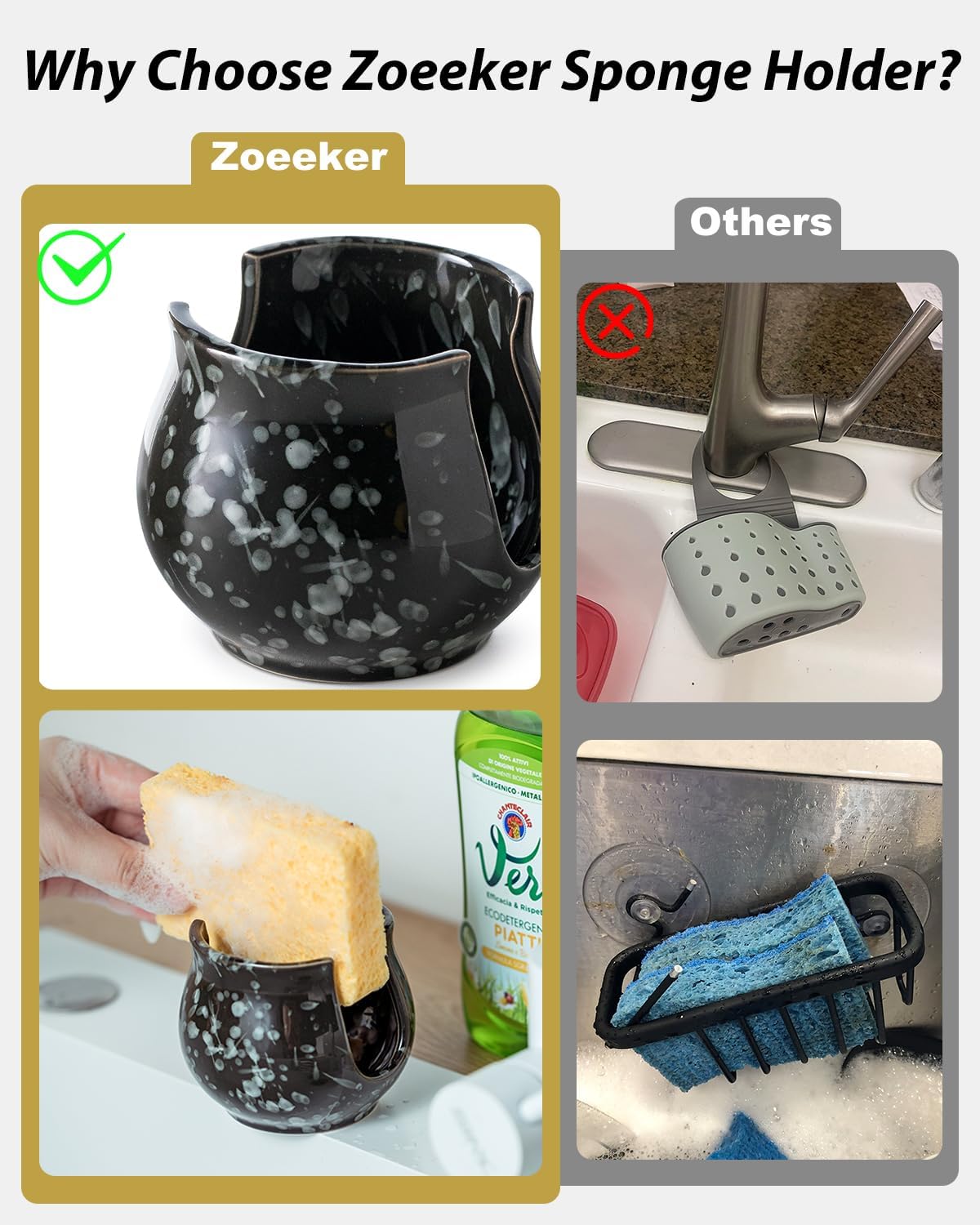 Kitchen Sponge Holder, Ceramic Dish Sponge Holder Kithen Sink Organizer Farmhouse Brush Holder Dish