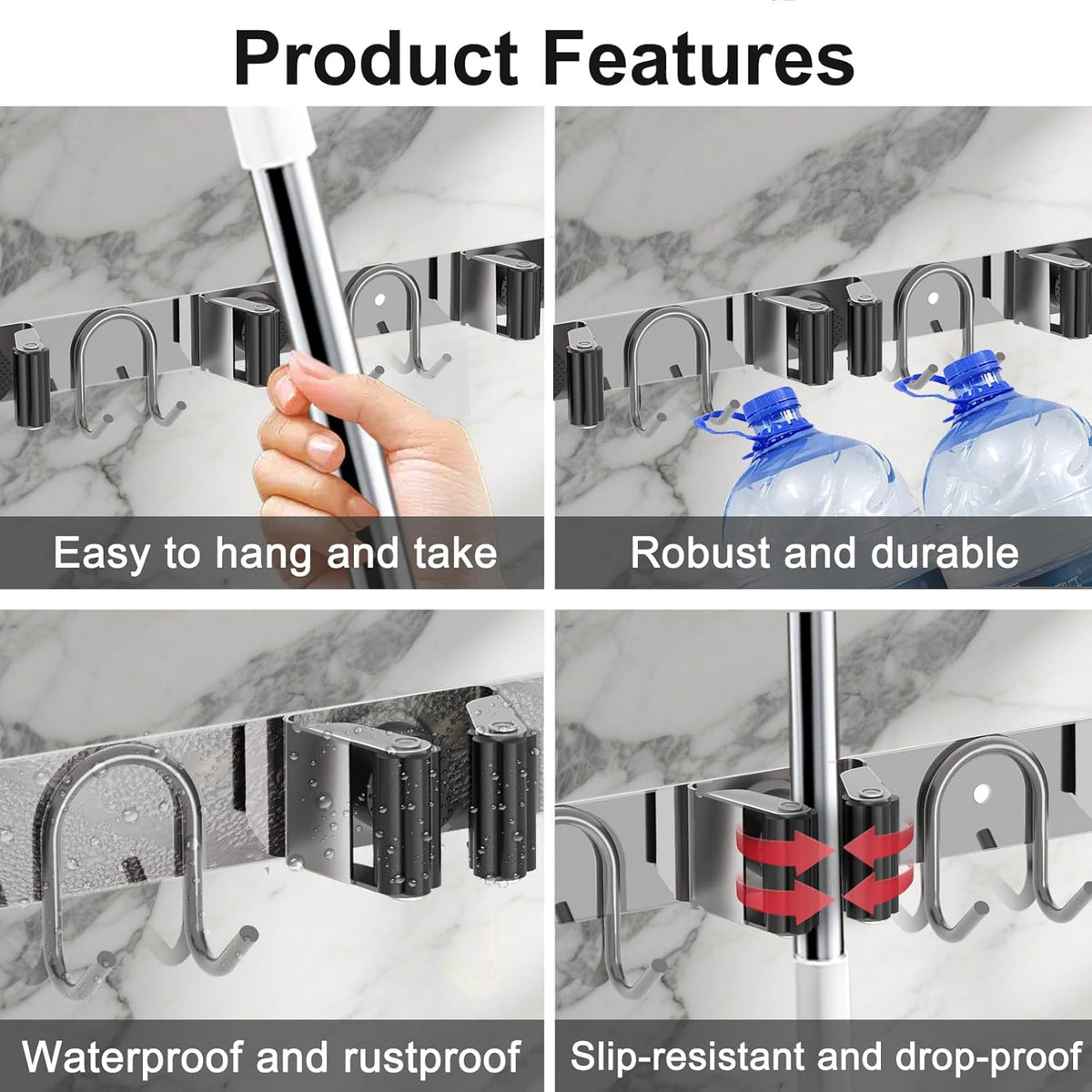 Mop Broom Holder Wall Mount, 2 Packs Silver Stainless Steel Tool Storage Organizer for Kitchen