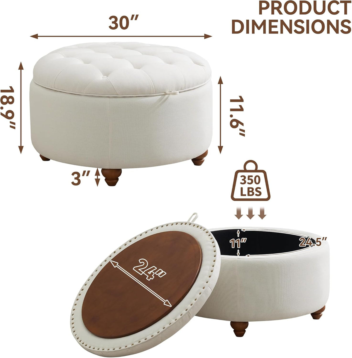 30Inch Round Storage Ottoman with Tray, Modern Tufted Fabric Circle Coffee Table with Storage