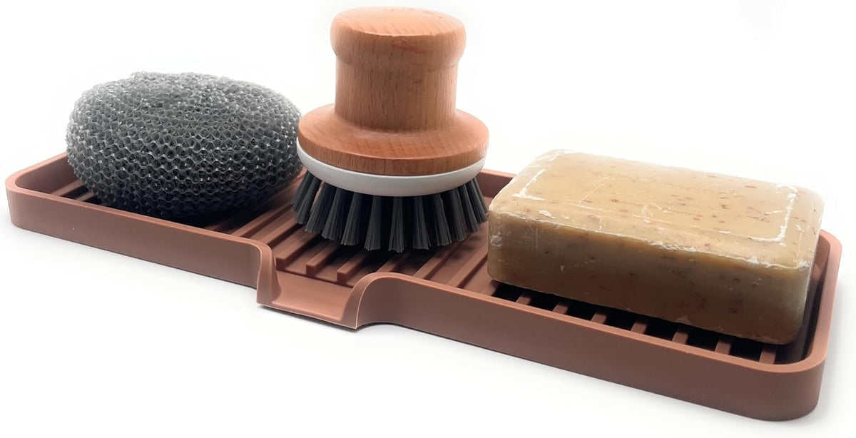 Happitasa Silicone Soap Dish Tray and Sponge Holder with Drain Chute | Bathroom and Kitchen Sink