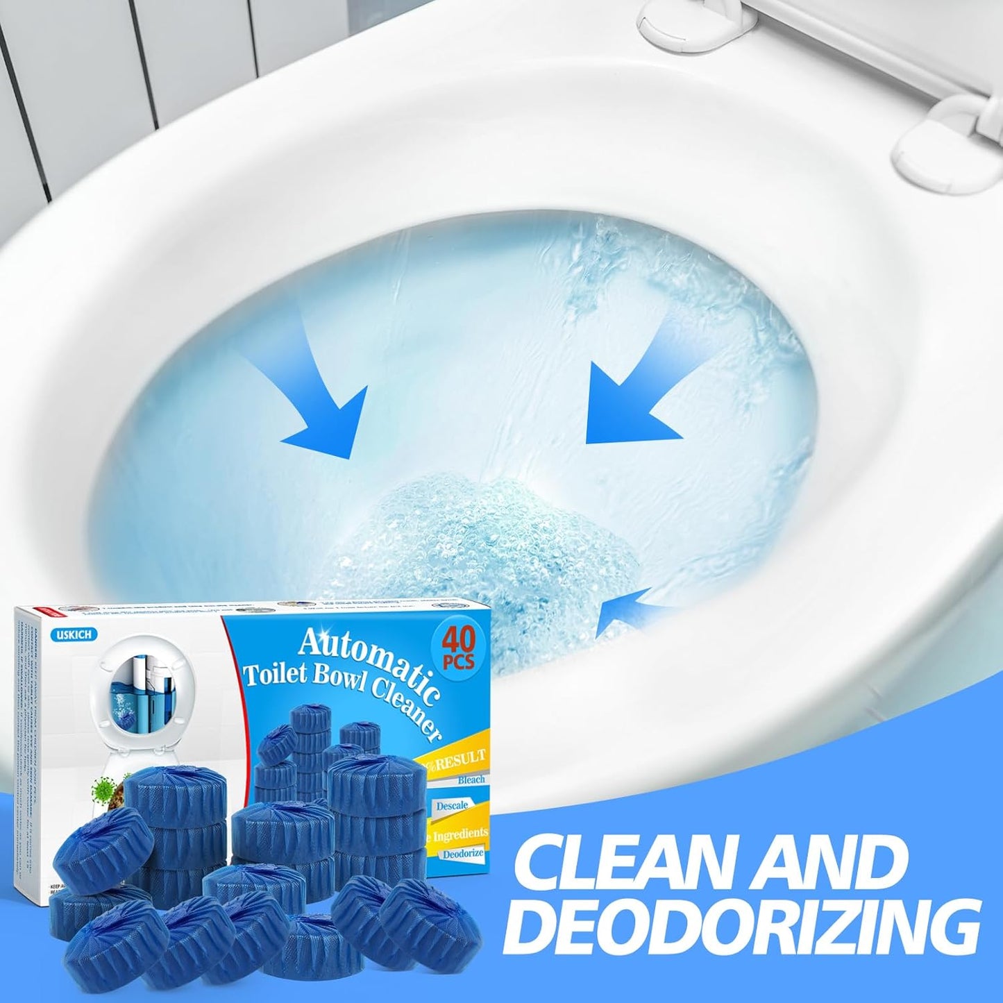 USKICH 40 Pack Toilet Bowl Cleaner Tablets,Blue Automatic Toilet Tank Cleaners, Long-Lasting