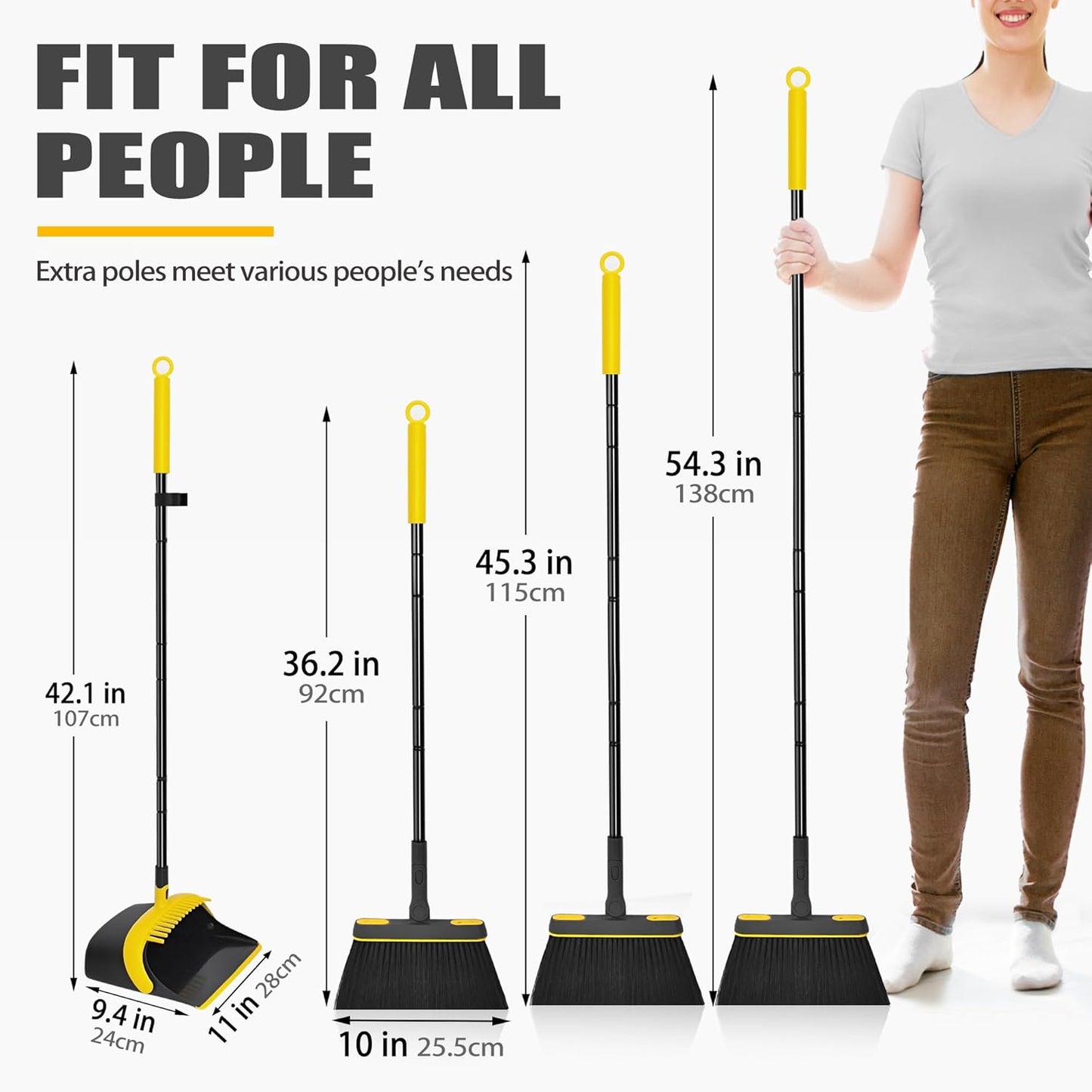 JEHONN Broom and Dust Pan, 54.3 inches Long Handle Swivel Brush, Upright Foldable Dustpan with Comb