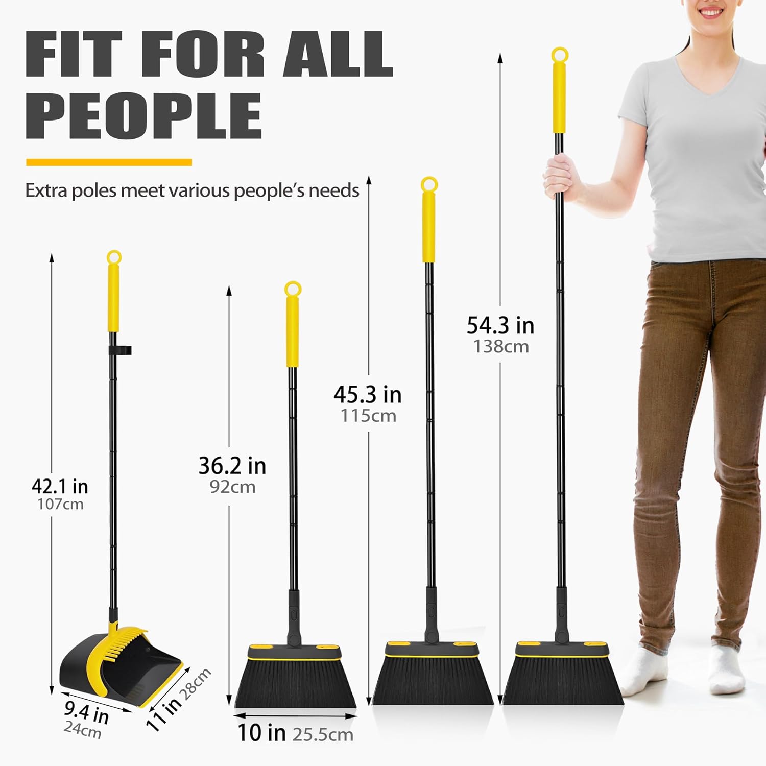JEHONN Broom and Dust Pan, 54.3 inches Long Handle Swivel Brush, Upright Foldable Dustpan with Comb