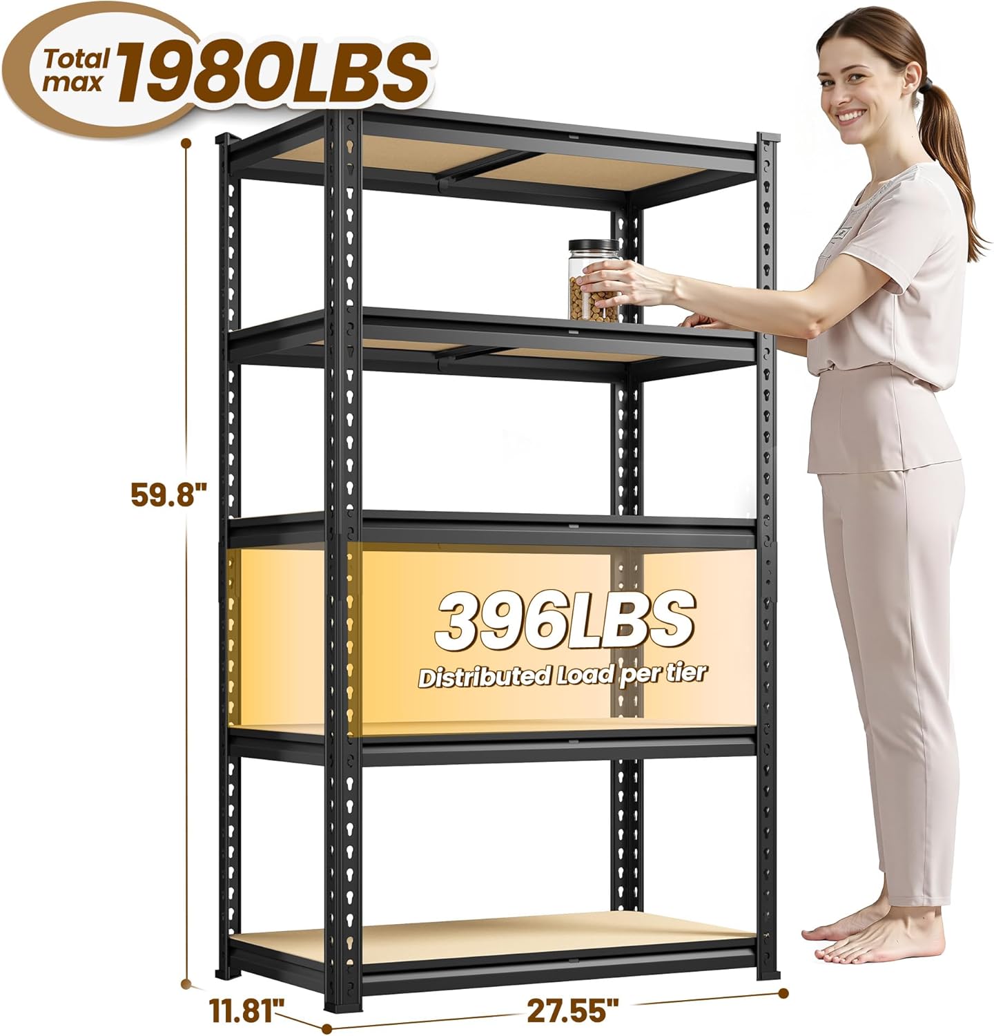 1980LBS Storage Shelves, 5-Tier Adjustable Pantry Shelves, Metal Shelving Unit for Kitchen, Pantry
