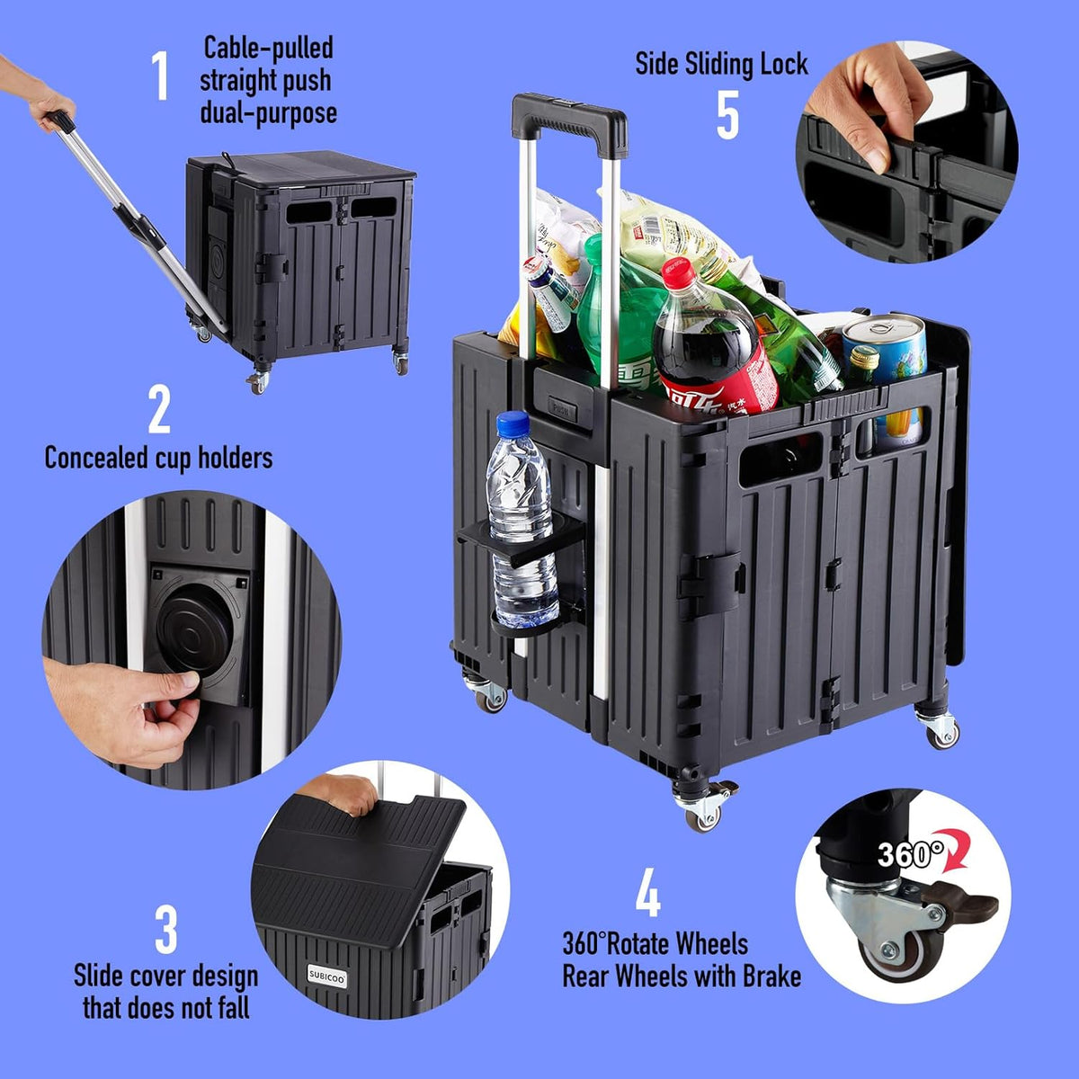 Folding Utility Cart Portable Rolling Crate Handcart Shopping Trolley Collapsible Tool Box, with