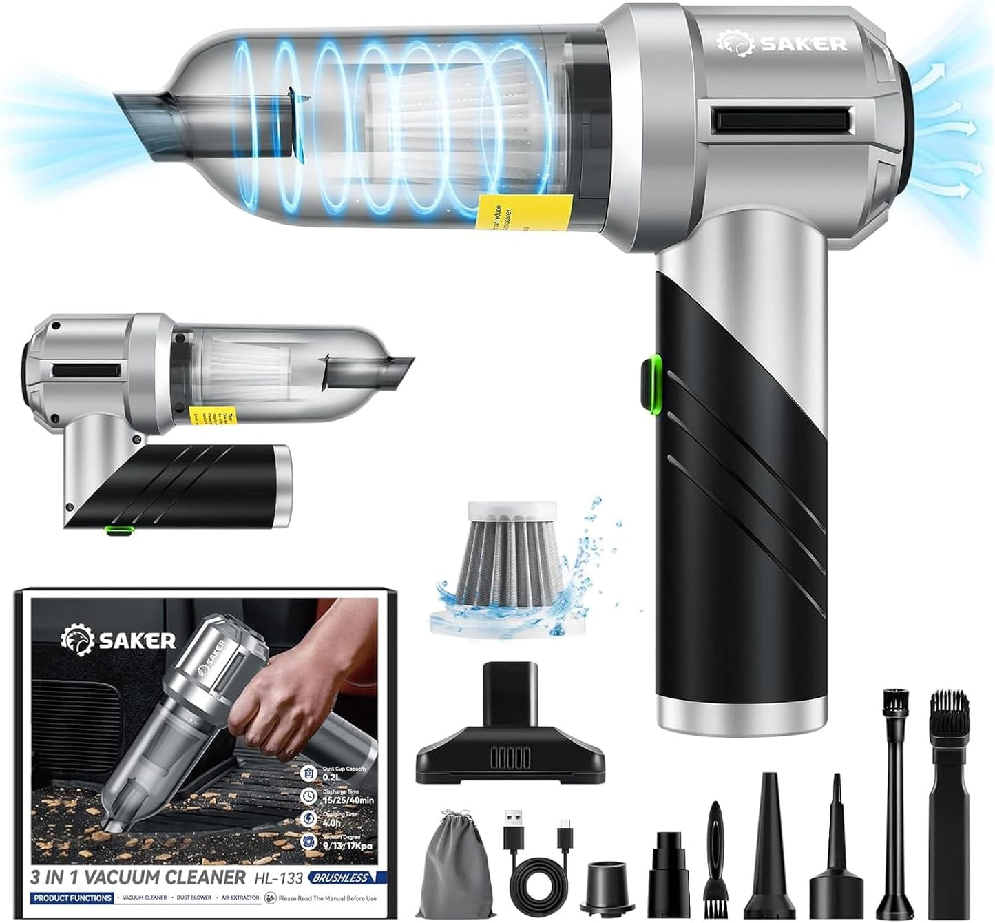 Saker Portable Handheld Vacuum Cordless Portable 17000PA Foldable Car Vacuum Cleaner Mini Dust