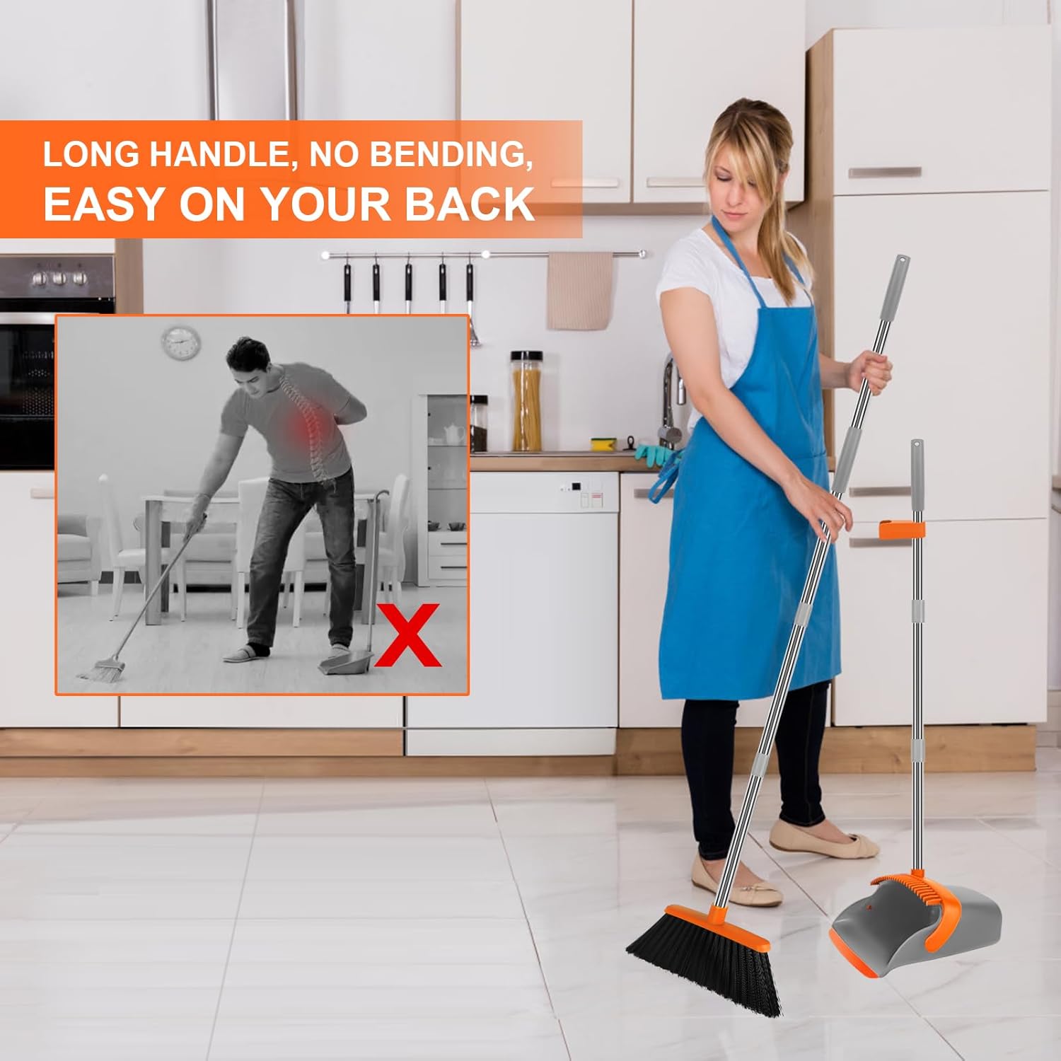 Broom and Dustpan Set, Large Broom with Dustpan Combo Set, 55" Long Handle Heavy Duty Industrial
