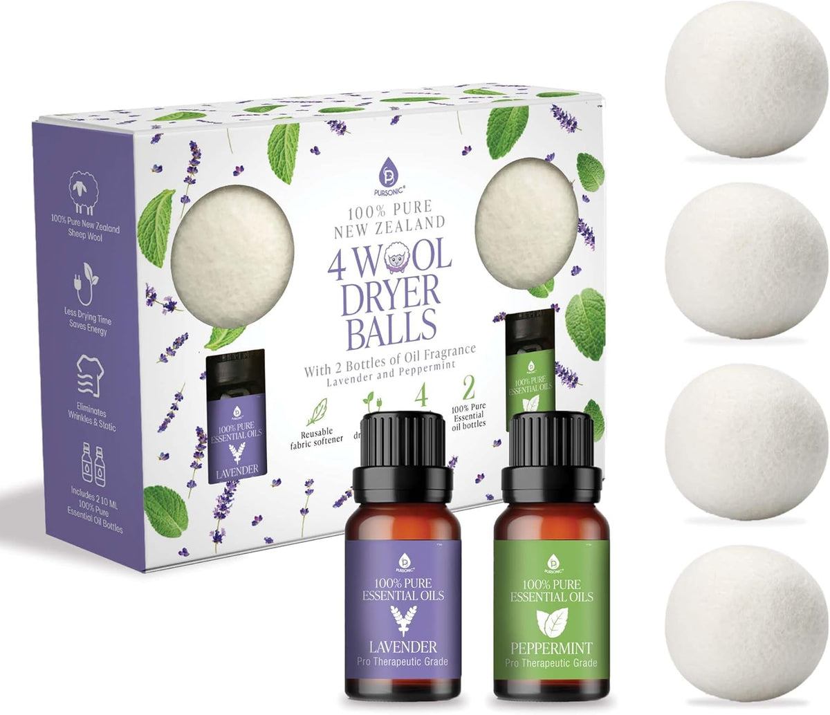 Pursonic 4-Pack Laundry Wool Dryer Balls with Lavender & Peppermint Essential Oil Scent - Reusable